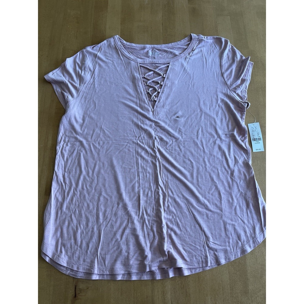 NWT Soho New York & Company Soft Tee XL Pink Lace Up V Neck Short Sleeve Top